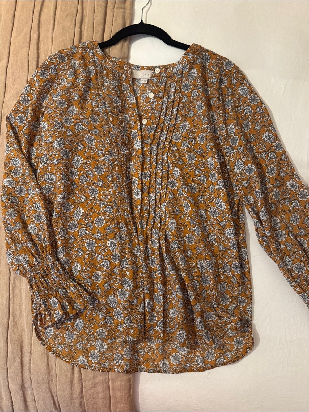 LOFT Mustard Brown Floral Pintuck Blouse with Button Placket
